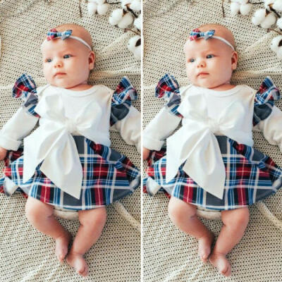 

UK Christmas Newborn Baby Girl Long Sleeve Plaids Romper Dress Xmas Clothes Set