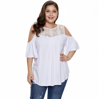 

Plus Size shirt summer round neck short sleeve crochet lace stitching T-shirt