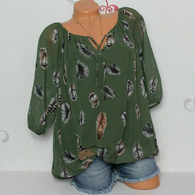 

Women V-neck Chiffon Tops Long Sleeve Tunic Blouse Flower Print Shirts Plus Size
