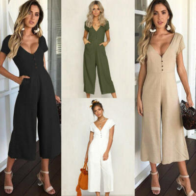 

Womens Casual Mini Playsuit Jumpsuit Long Romper Ladies Summer V-Neck Trousers