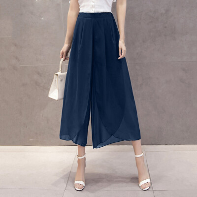 

Tailored Women Summer Solid Chiffon Flare Elastic High Waist Wide Leg Pants Plus Size