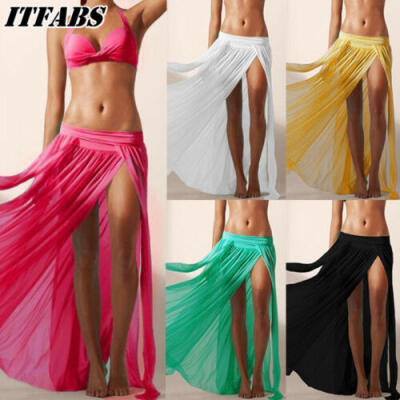 

Women Sheer Mesh Bikini Cover Up Beach Sarong Pareo Long Wrap Dress Split Skirts