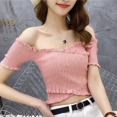 

Elegant Solid Off Shoulder Cropped T-shirt Women Summer Short Sleeve Ruffles T-Shirt Top Ladies Elastic Knitted Short Tee Top