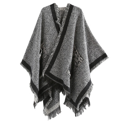 

Trendy Leopard Print Fringed Pocket Acrylic Shawl Poncho Women Large Scarf