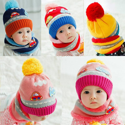 

New Cute Baby Girl Boy Knitted Hat Scarf Set Car Pattern Fleece Warm Cap Neck Warmer Two-Piece Set