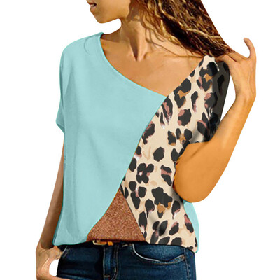 

Roseonmyhand Plus Size Women Asymmetric Neck Patch Pocket Color Block Leopard T-Shirts