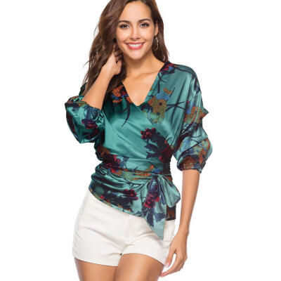 

Women Blouse Floral Print Half Sleeve Bandage Tunic Fashion Slim Tops