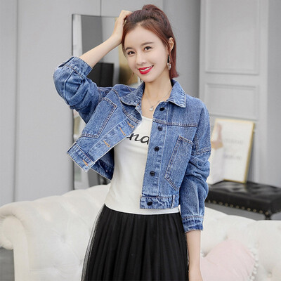 

Women Solid Blue Long Sleeve Lapel Collar Jacket Loose Casual Short Denim Coat Tops