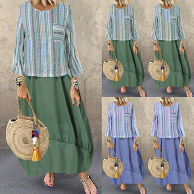 

Fashion Womens Boho Striped Long Maxi Dress Long Sleeve Casual Loose Plus Size