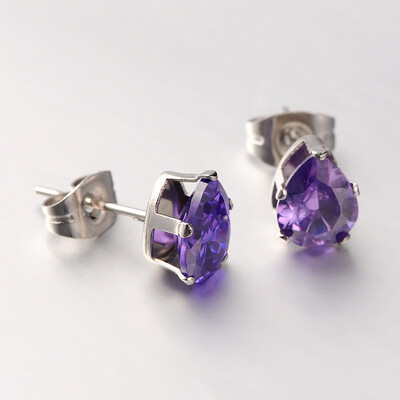 

304 Stainless Steel Pave Cubic Zirconia Ear Studs Drop Stainless Steel Color MediumSlateBlue 10x8x5mm Pin 07mm