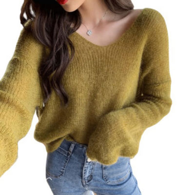 

Autumn Women Knitted Sweater Solid Color Mohair Pullover V Neck Sweet Loose Long-sleeve Knitwear Sweaters jumper pull femme Tops