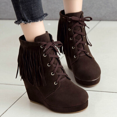 

Rose Fashion Wedge Heel Boots High Heels Solid Color Lace-Up Round Toe Women Shoes