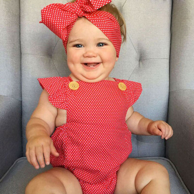 

Infant Baby Girls Fly Sleeve Floral Dot Print Backless Bodysuit RomperHeadband