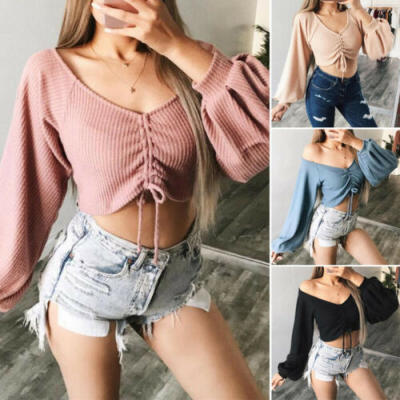 

AU Women Summer Off Shoulder Crop Top Long Sleeve Shirt Tops Blouse Knit T-shirt