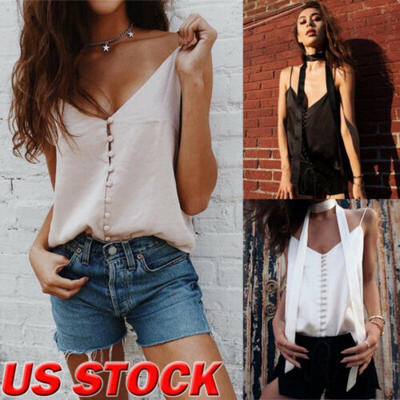 

Women Silk Deep V Neck Camis Tank Tops Ladies Clothes Sleeveless Casual Vest