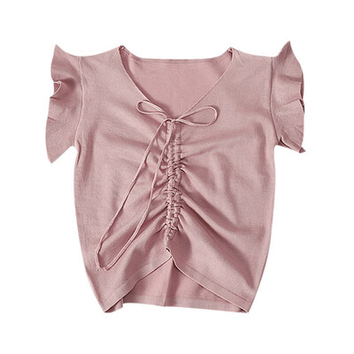 

TOP Women Summer Sexy V Neck Drawstring Bow Sleeveless Slim Solid Color Camisole Knit Vest