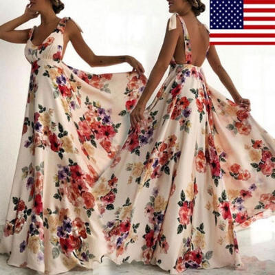 

US Women BOHO Floral Print Beach Dress Lady Evening Party Sleeveless Maxi Dress