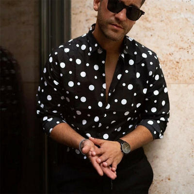 

Men´s Polka Dot Printed Long Sleeved V neck Party Slim Fit Shirt Causal Tops 3XL