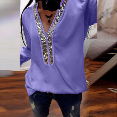 

Roseonmyhand Fashion Womens Casual Sequins Long Sleeve V-Neck T-Shirt Solid Blouse Loose Tops