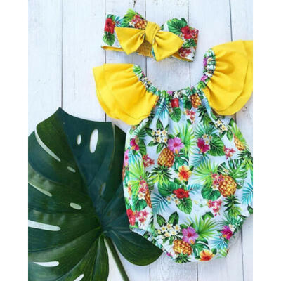 

Pretty Infant Baby Girl Short Sleeve Romper Floral JumpsuitHeadband Clothes Set