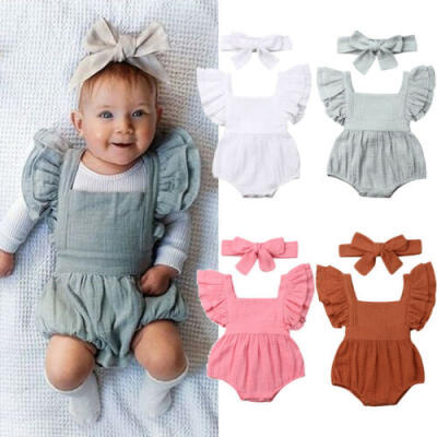 

US Cute Infant Baby Girl Ruffle Romper Bodysuit JumpsuitHeadband Clothes Outfit