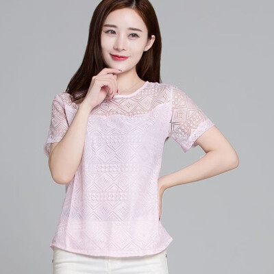 

Womens Fashion Short Sleeve Lace Hollow Out Blouses T Shirts Loose Summer Casual O-Neck Top