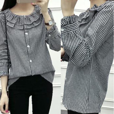 

Starmoon Fashion Women Shirt Lotus Leaf Edge Lattice Printing Long Sleeve O-Neck Blouse