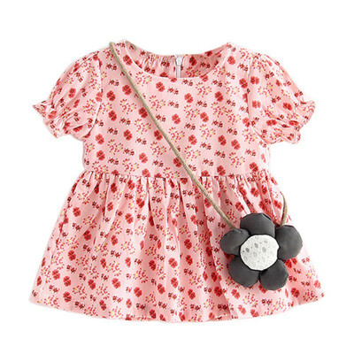 

4 Styles Baby Girls About Knee Solid Cartoon Top Dress Cotton Short Sleeves Printed Summer Baby Girls Beach Party Dress