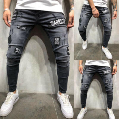 

Mens Biker Ripped Skinny Jeans Bleached Distressed Frayed Slim Fit Denim Pants