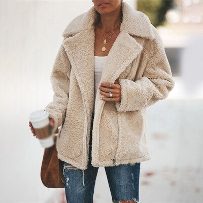 

Womens Lapel Fleece Fuzzy Zipper Outwear Jacket Warm Winter Button Down Coat