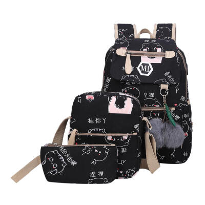 

3pcsSet Cute Cartoon Print Women Men Canvas Backpacks Shoulder School Bags