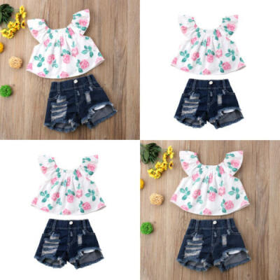

Toddler Kids Baby Girls Outfits Floral Off Shoulder Tops Denim Pants Shorts Sets