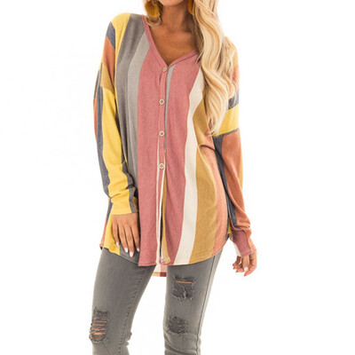 

Nomeni Women V Neck Long Sleeve Button Print Multicolor Stripe Bandage Blouse Tops