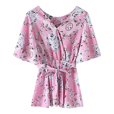 

V Neck Waist Belt Floral Print Bat Sleeve Women Shirt