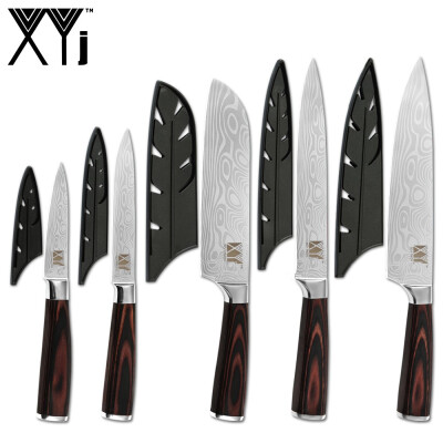 

XYj 5pcs Kitchen Cooking Stainless Steel Knives Set Damascus Pattern Blade Chef Knife Free Cover