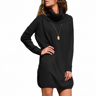 

High-neck long-sleeved wool rib knit mid-length sweater dress