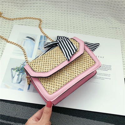 

2019 new simple contrast color woven bag fashion wild bow shoulder bag female Sen chain messenger bag