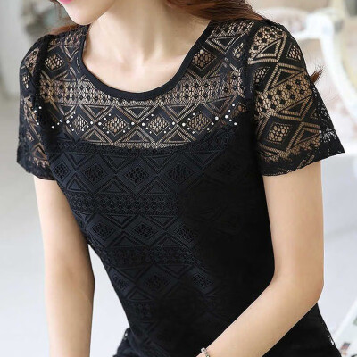 

Womens Short Sleeve Lace Hollow Out Blouses T Shirts Loose Summer Casual O-Neck Top