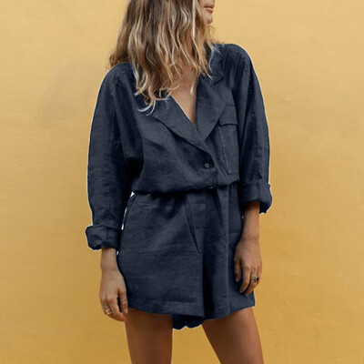 

Roseonmyhand Women V Neck Slim Summer Cotton Lapel Button Temperament Suit Shorts Suit