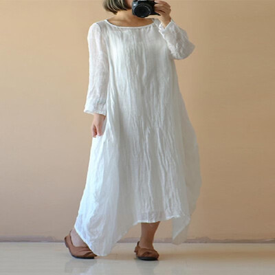 

Solid Color Round Neck Long Sleeve Trim Maxi Dress