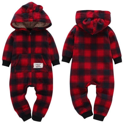 

Newborn Winter Boy Girl Long Sleeve Jumpsuit Plaid Hooded Romper Bodysuit Outfit