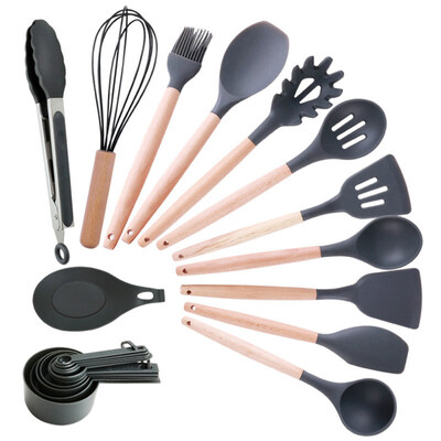 

22Pcs Wooden Handle Silicone Spoon Scoop Eggbeater Spatula Home Kitchen Utensil