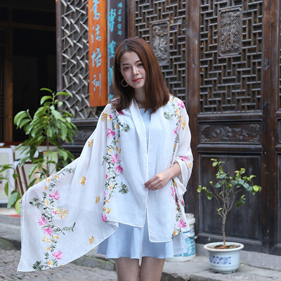 

Korean version of cotton&linen women spring&summer wild art long air conditioning large shawl scarf dual-use embroidery ethnic wind scarf