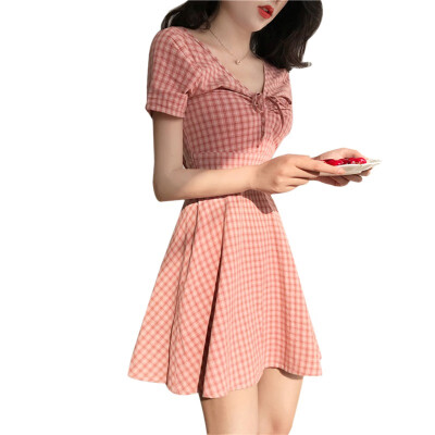 

Womens Fresh Style Short Sleeve V Neck PlaidCherry Print A-Line Lace Up Slim Dress