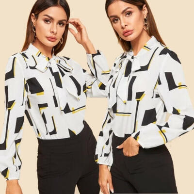 

New Women´s Elegant Skilled Long Sleeve Loose Geometric Patterns Blouse Bow Tie Shirt Tops