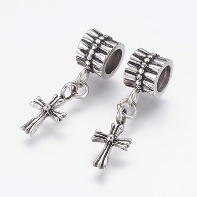 

304 Stainless Steel European Dangle Beads Large Hole Pendants Cross Antique Silver 26mm Hole 5mm Pendant 135x7x2mm