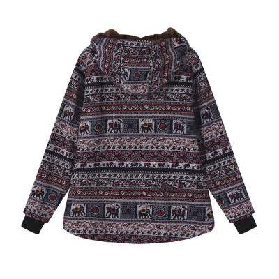 

Toponeto Womens Winter Warm Outwear Button Vintage Ethnic Print Fleece Thick Hooded Coats