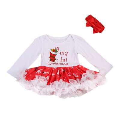 

Toddler Baby Girls My 1st Christmas Clothes Romper DressBowknot Headband Outfit