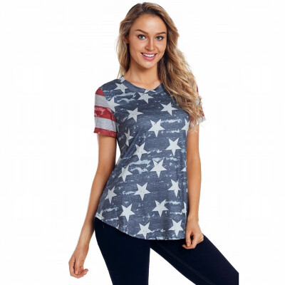 

Round neck long sleeve stars striped print top casual womens T-shirt