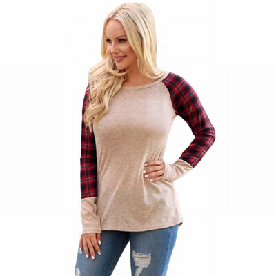 

Round neck long sleeve plaid color pattern base casual shirt womens